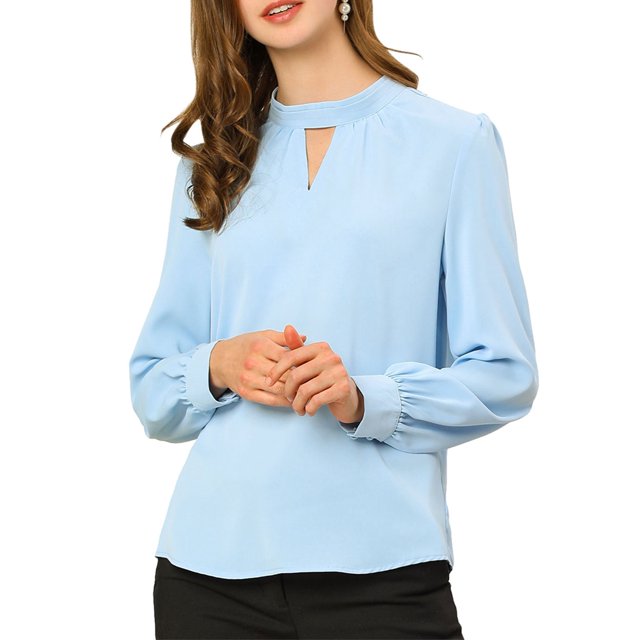 INSPIRE CHIC Women's Keyhole Stand Collar Pleated Back Button Blouse Tops