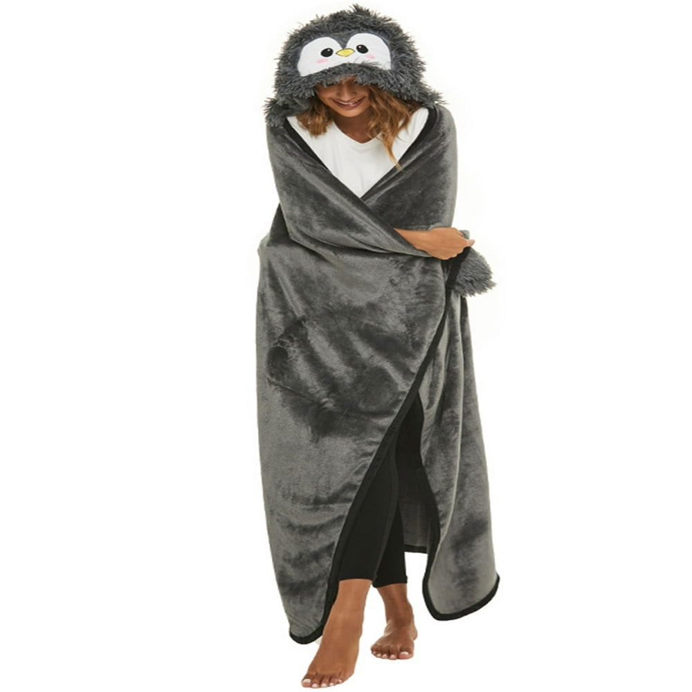Women Wearable Blanket Flannel Hoodie Throw Cloak with Hand Pocket