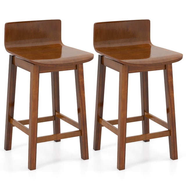 Costway 24.5" Counter Height Bar Stools Set of 2 with Footrest featuring solid rubber wood legs and a vintage walnut finish. These bar stools have ergonomic low backs, curved seats, and built-in footrests for comfort. Designed with a 360° swivel and adjustable footpads for stability on uneven floors, ideal for kitchen counters, dining areas, or home bars.
