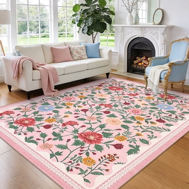 Garvee 5'x7' Vintage Floral Area Rug Living Room Rug, Washable Boho Rugs Non Slip Soft Low Pile Farmhouse Rug Indoor Floor Carpet for Bedroom Dining Room Home Office, Pink