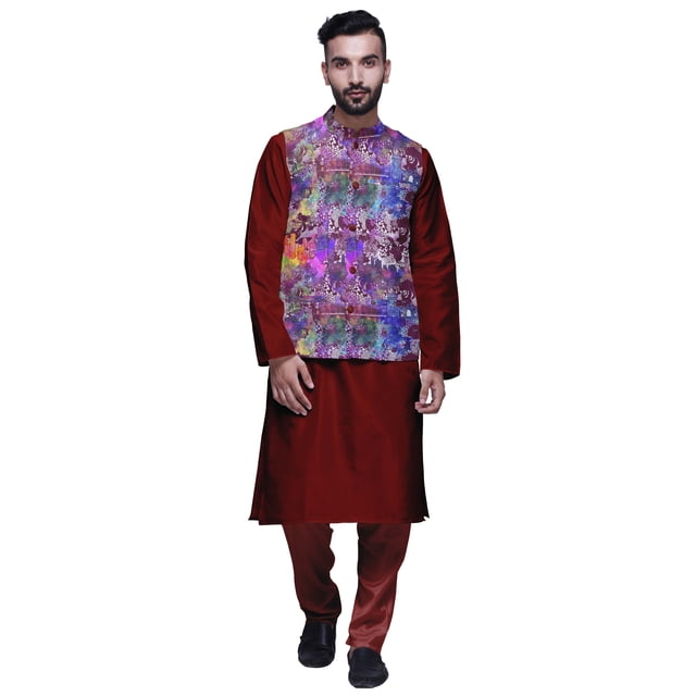 Atasi Kurta Pyjama Traditionnel Uni à Col Mandarin avec Ensemble de Veste Imprimée