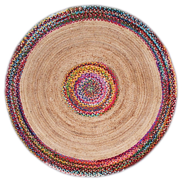 Indian Handmade Braided Multi Color Cotton with Natural Jute Round Rugs , Home Decor Carpet Size 7 x 7 Feet Round ( 210 cm x 210 cm)