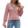thumbnail image 1 of CEHVOM T-shirt Ample Uni à Col en V à Manches Longues pour Femme Liquidation, 1 of 5