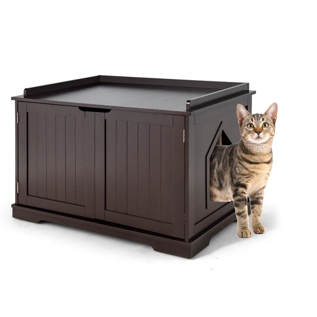 Costway Cat Litter Box Cabinet Furniture Cat Washroom Storage Bench