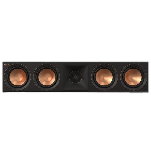 Klipsch RP-504CBII Center Channel Speaker in black, designed for home theatre and hi-fi audio. Features include four 5.25-inch copper-coloured Cerametallic woofers, a 1-inch titanium diaphragm tweeter with Linear Travel Suspension, and a 90° x 90° silicone composite hybrid Tractrix horn for precise high-frequency sound. Includes a Tractrix port for reduced noise and enhanced bass, magnetic grille, and cork pads for surface protection.