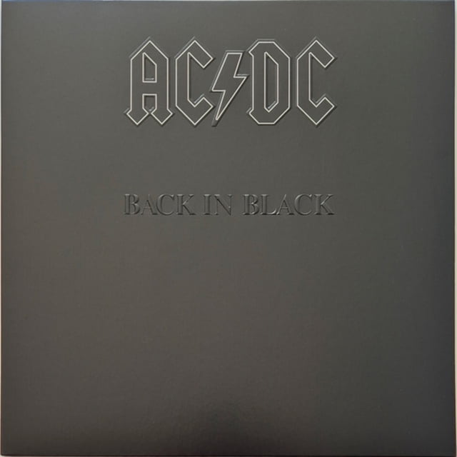 AC/DC – Vue Frontale « Back In Black » du Vinyle LP Couleur Or et du CD audio Scellé en Usine, Posé à Plat avec l'Impression 12 x 12 Anniversaire à Côté d'Ils. l'Illustration d'Album Montrant le Titre « Back In Black » et les Listes de Pistes; l'Impression Est Souvent Utilisée comme art Mural Encadré dans les Salles d'Écoute.