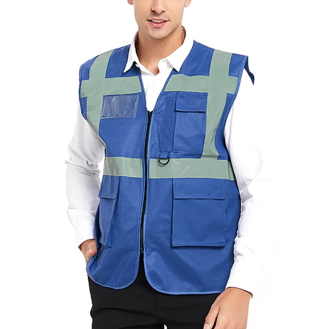 GOGO 5 Pockets High Visibility Safety Vest with Reflective Strips, Working Uniform Vest-Blue-L