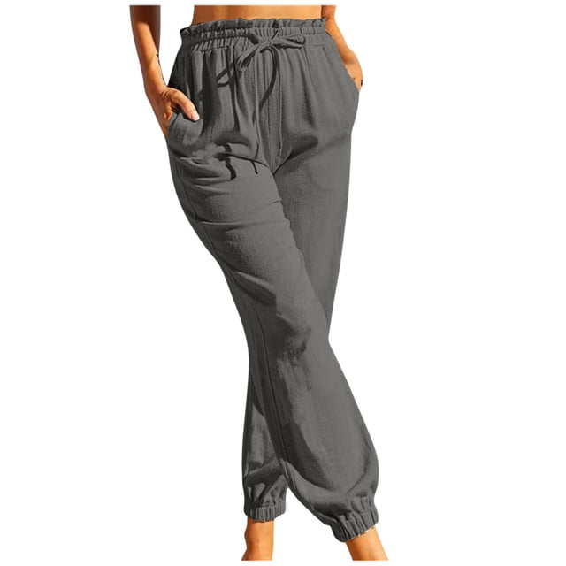 EQWLJWE Pantalons pour Femmes Mode Décontractée Couleur Unie Élastique Coton et Lin Pantalons