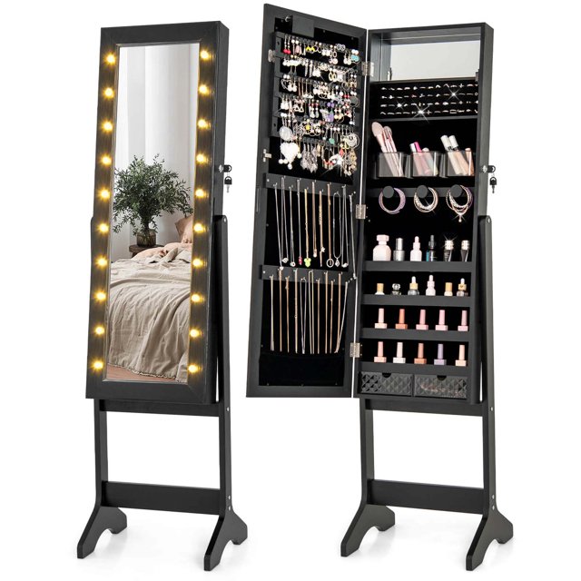Costway LED Mirror Jewelry Cabinet with 20 LED Lights Full-Length Mirror Adjustable Angles Black