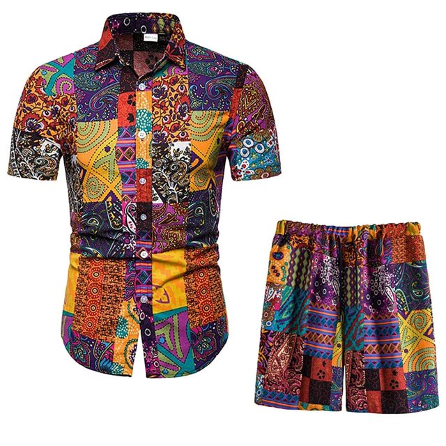 Men‘s Summer 2-Piece Beach Printed Short Sleeve Shirts & Shorts Pants Sets Note Please Buy One Or Two Sizes Larger