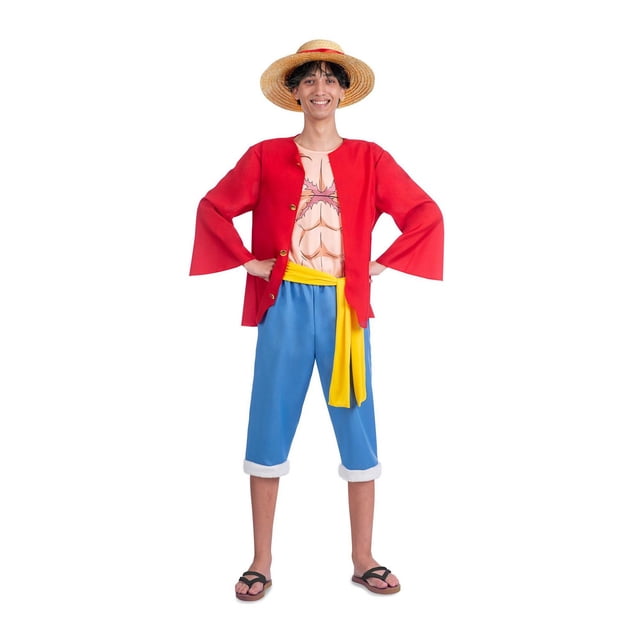 ONEPIECE Offical Luffy Adult Costume showing a front-facing view of a person wearing a red open shirt with gold buttons over a printed muscle chest top, blue pants with white rolled cuffs, a yellow sash tied at the waist, black sandals, and a straw hat with a red band, ideal for adult Halloween costume occasions.