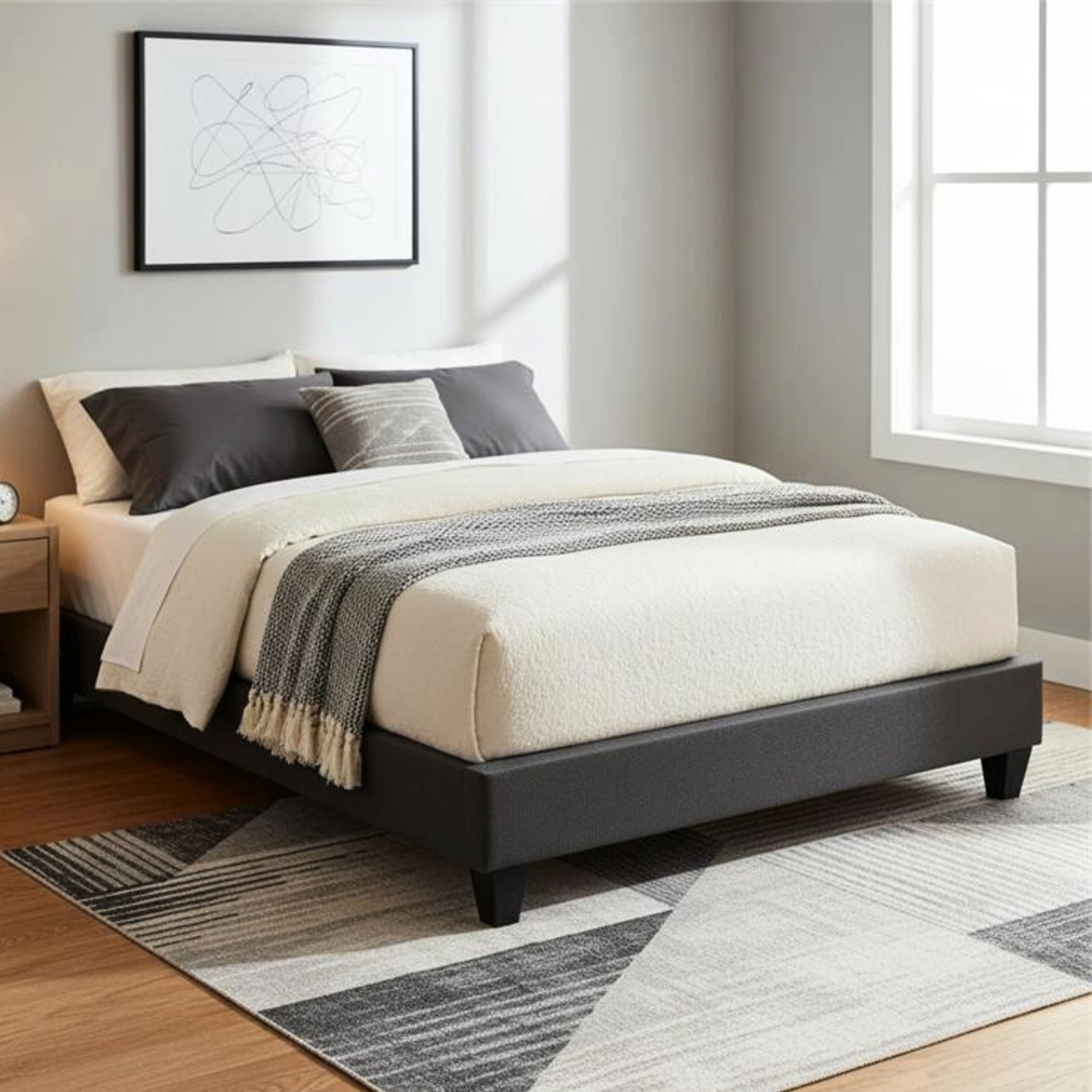 PRIMO Carter Upholstered Platform Bed Frame – Twin Size, Dark Grey Linen Look Fabric, No Box Spring Required, Durable Wood Slats – Bedroom Foundation
