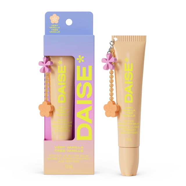 DAISE Peptide Lip Butter Balm in Very Vanilla, 15 ml, shown with its gradient purple to peach box and beige tube with yellow text. The tube features a pink and orange flower charm on the cap. This nourishing, hydrating balm contains peptides and shea butter for soft, radiant lips.