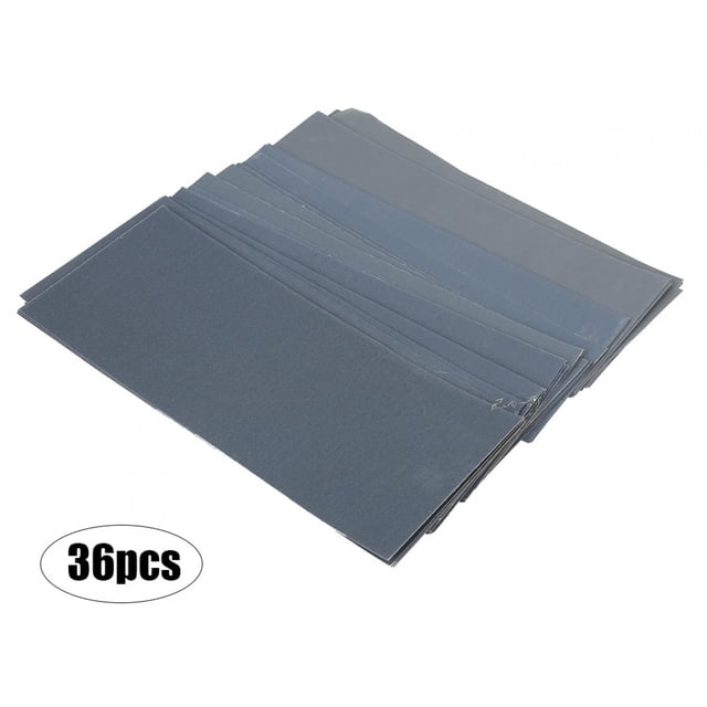 36pcs 400#-3000# sandpaper grinding polishing sanding abrasive paper sheets set by Dewin, designed for surface prep and finishing tasks. Made with durable silicon carbide material and imported latex paper backing, this set includes 36 sheets in grits ranging from 400# to 3000#, suitable for auto repair, hardware, wood, and metal polishing. Provides uniform sand marks, fast heat dissipation, and anti-blocking during use.