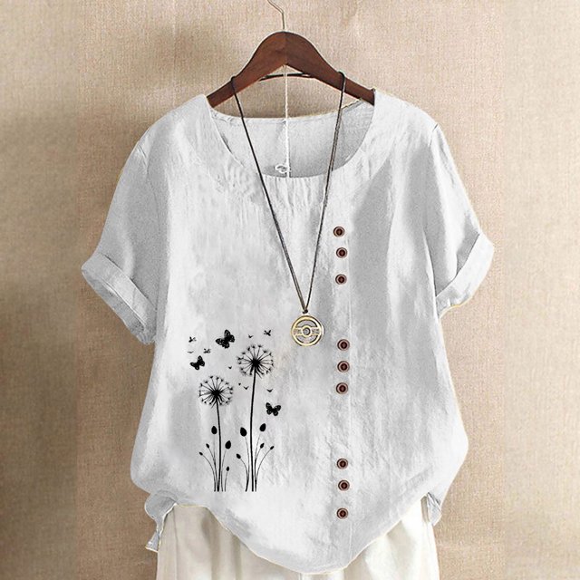 Liquidation Horkkom Hauts Grande Taille pour Femmes Été Décontracté Chemises en Lin à Manches Courtes Col Rond Imprimé Floral Blouses Amples