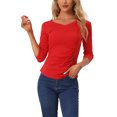 thumbnail image 1 of INSPIRE CHIC Women's V Neck 3/4 Sleeves Solid Knitted Buttons Decor Ruched Top Red L, 1 of 5