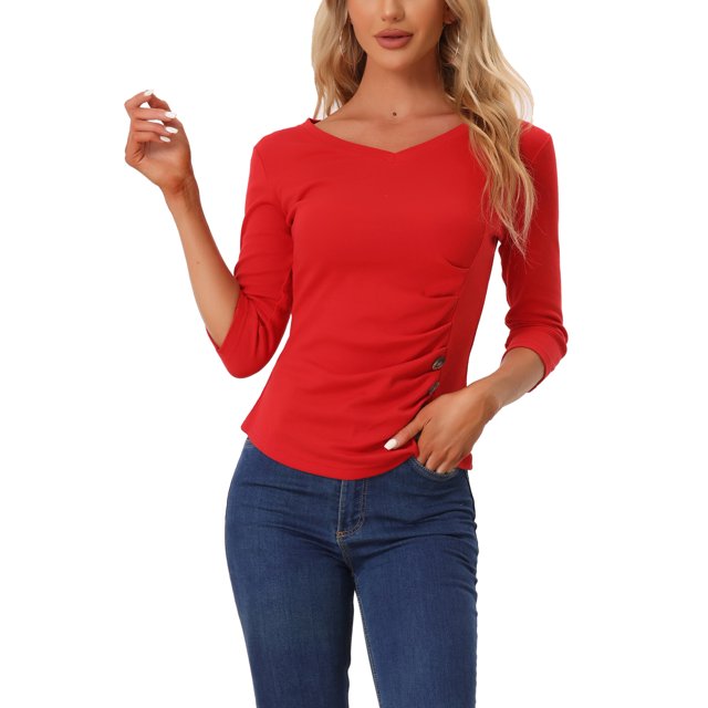 INSPIRE CHIC Women's V Neck 3/4 Sleeves Solid Knitted Buttons Decor Ruched Top Red L