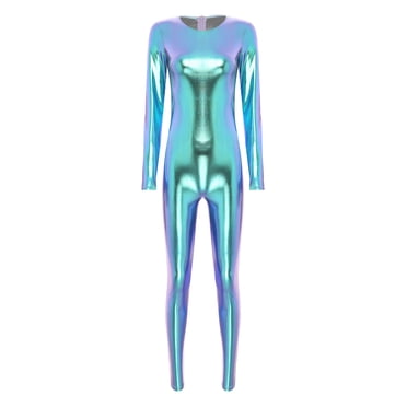 zdhoor Full Body Bodysuits for Womens Shiny Metallic Unitard Zipper Back Wet Look Catsuit Party Costume Blue XL