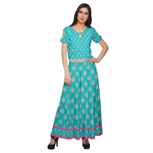 Moomaya Printed Cold Shoulder Keyhole Neck Crop Top And Palazzo Set Ethnic Wear