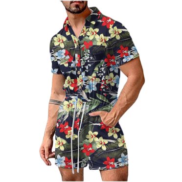 Men Casual Pocket Turndown Hawaii Print Button Placket Siamese Suit