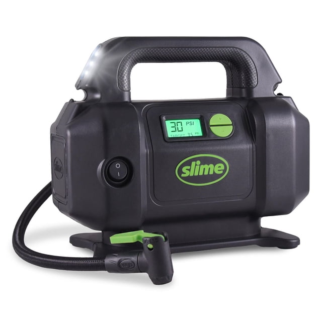 Slime Deluxe Digital Tire Inflator in black with textured handle, backlit digital display showing 30 PSI and Inflate-Right Technology, green control buttons, quick connect air hose with green lever, power switch, integrated cord management, and three bright LED lights on the handle, suitable for automotive tire inflation and repair tools.