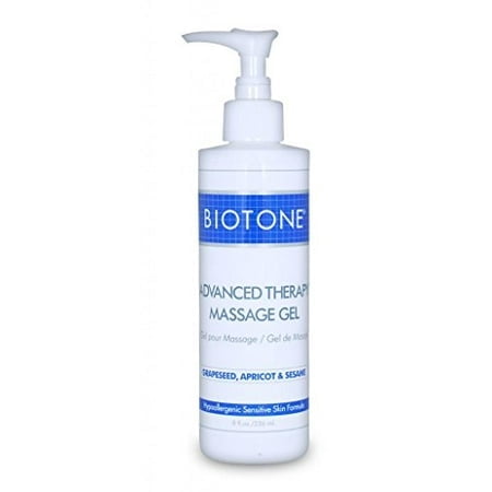 Biotone Advanced Therapy Massage Gel in an 8-ounce (236ml) pump bottle. The label highlights its hypoallergenic, unscented formula with grapeseed, apricot, and sesame oils. Ideal for sensitive skin, it provides 25% more coverage than ordinary oils, is paraben-free, cruelty-free, and leaves no greasy residue.