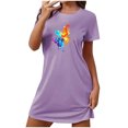 thumbnail image 1 of Mrat Jupe de Pyjama Courte pour Femmes Robe pour Femmes Vêtement de Nuit Manches Courtes Chemise de Nuit Décontractée Imprimée Robe de Sommeil Ample Confortable Nuisette S-97 Violet P, 1 of 7