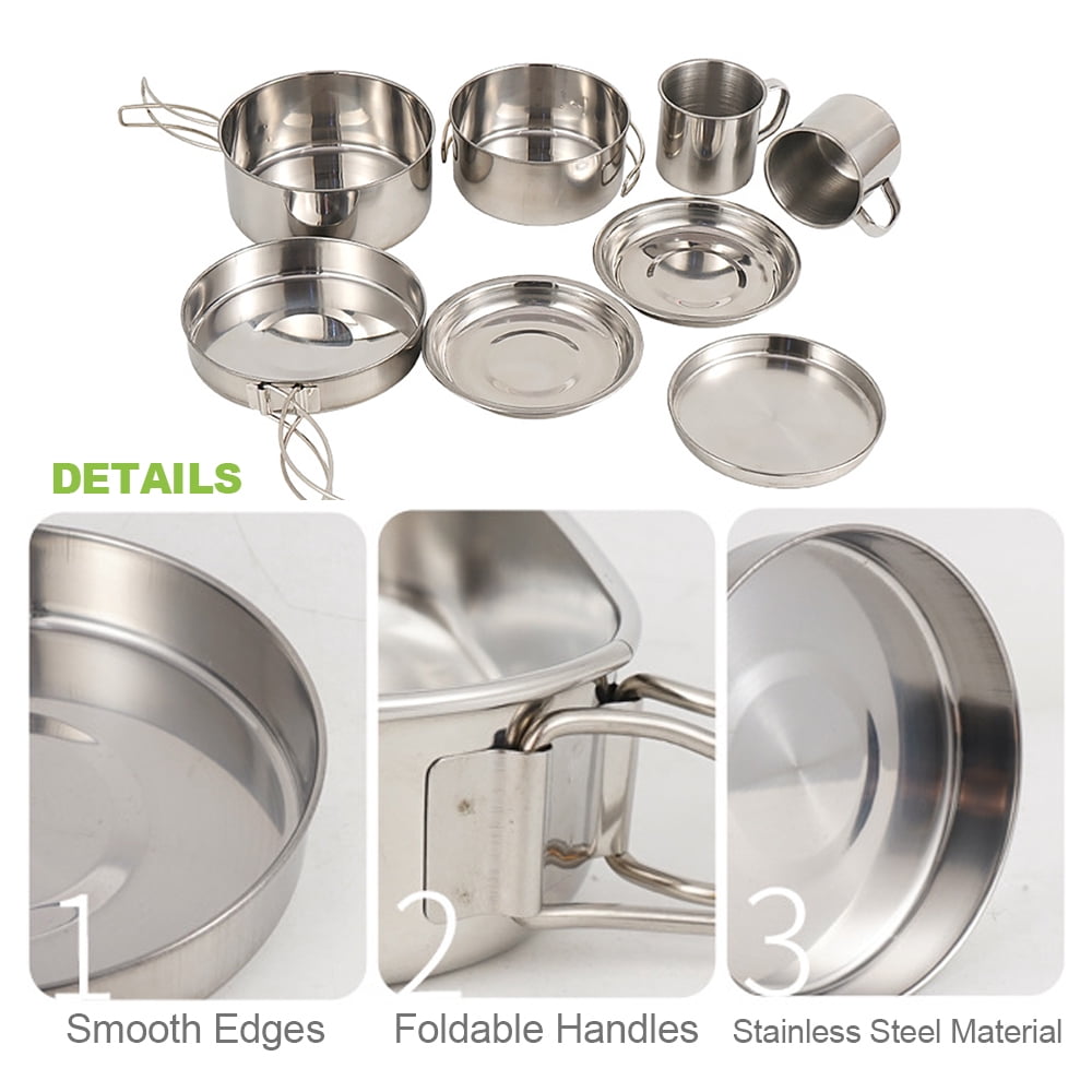 Outdoor Camping Cookware Mess Kit 8PCS Stainless Steel Cooking Pot and Pan Set with Plates Cups for Outdoor Camping Hiking Backpacking