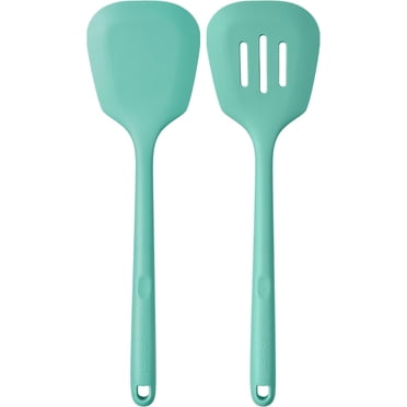 600°F Heat Resistant Silicone Turners: U-Taste 13.6in Long Solid & Slotted Kitchen Spatula Flipper, Wide and Large Flexible Cooking Utensil for Flipping Egg, Pancake, Cookie (Aqua Sky, 2PCS)