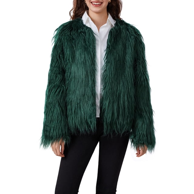 FOCUSNORM Women Faux Fur Coat Solid Color Open Front Long Sleeve Plus Size Jacket Warm Winter Outwear