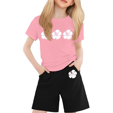 HNMKIU Ensemble Deux Pièces pour Filles Automne T-Shirt Imprimé Col Rond Manches Courtes pour Garçons et Filles