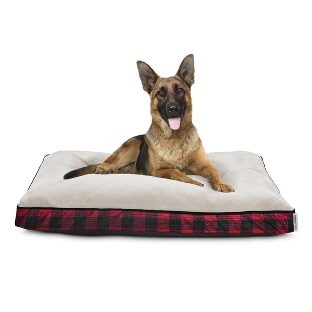 Vibrant Life Deluxe Gusseted Pet Bed, Large, a rectangular dog bed with a soft cream sleeping surface and red and black buffalo plaid gusseted sides, supporting a large dog, suitable for breeds up to 90 lbs, with a removable, machine-washable cover.
