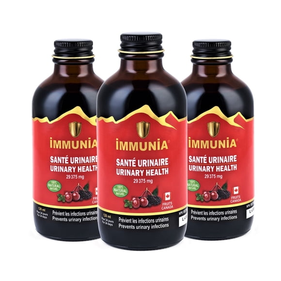 Immunia Santé Urinaire - Concentré de Canneberge et de Sureau. Aide à Prévenir les Infections des Voies Urinaires. Sans Sucre Ajouté. Fabriqué au Canada (3 Bouteilles)