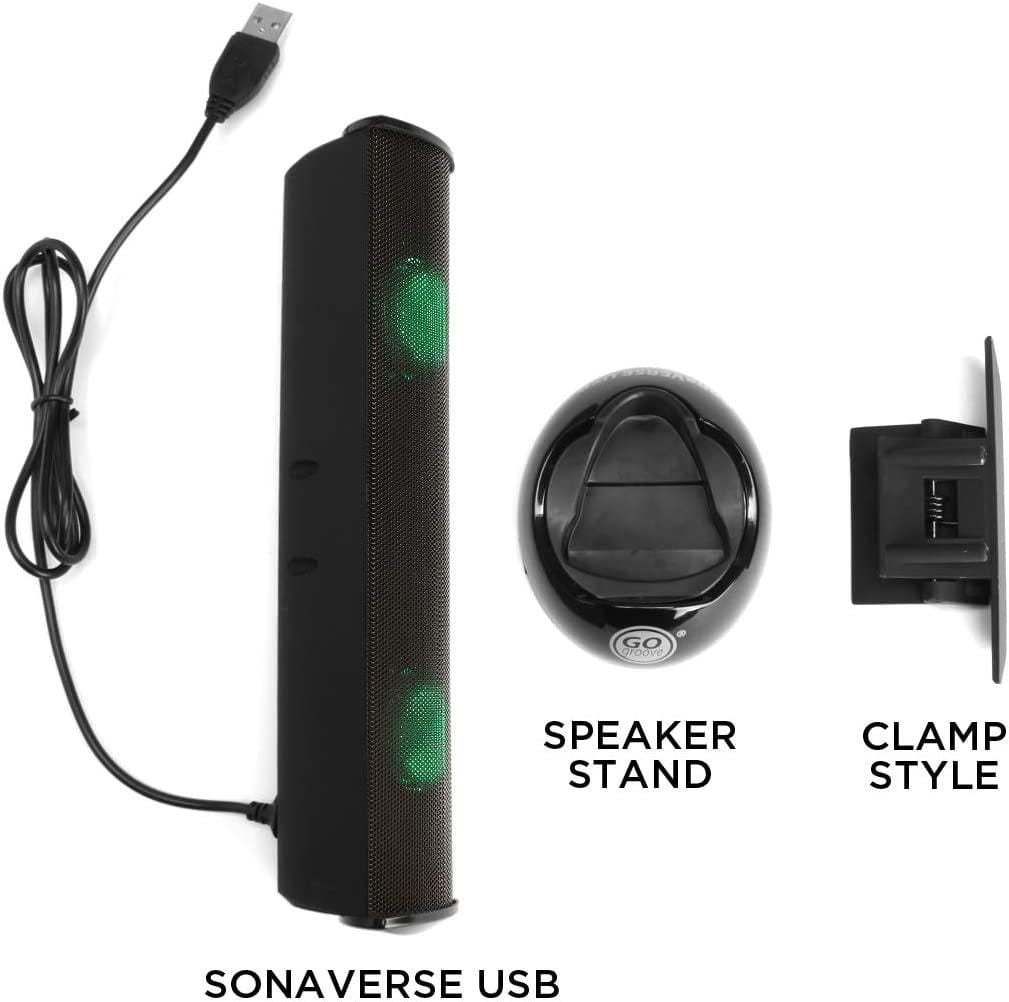 GOgroove SonaVERSE Haut-parleur LED pour ordinateur portable – Barre de son à clipser alimentée par USB avec mini haut-parleur externe portable pour moniteur, interrupteur arrière pour alimentation, e
