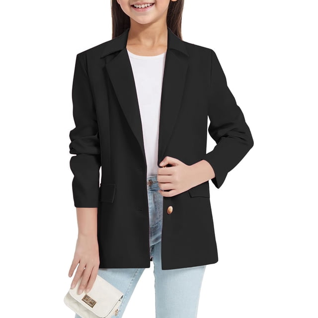 Stylish Girls Long Sleeve Notch Lapel Jacket Open Front Casual With Convenient Inner Pocket For Kids