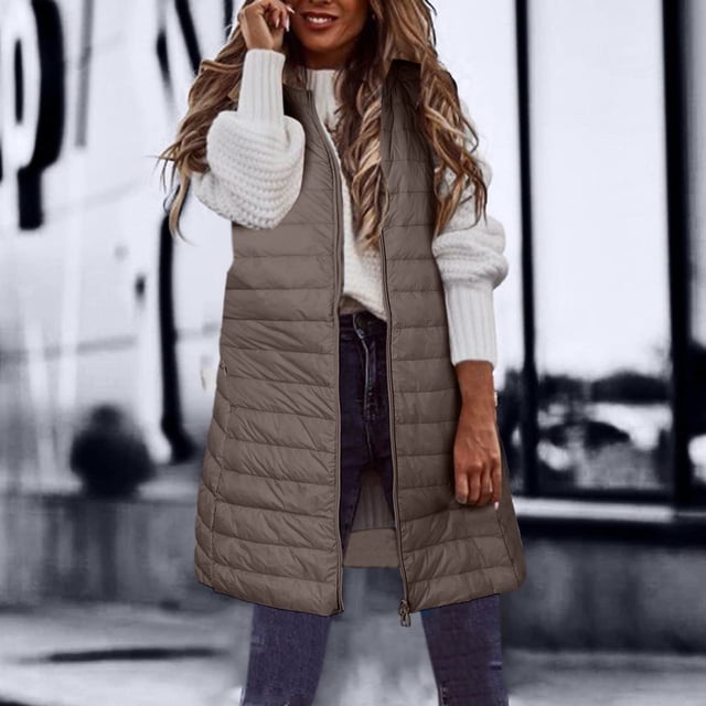DPTALR Femmes Chaud Gilet à Poches Manteau Long Veste Hiver Sans Manches Doudoune Parkas