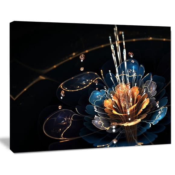 Design Art Orange Blue Flower with Water Drops Floral Digital Art Canvas Print