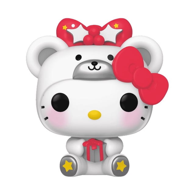 Funko Pop! Sanrio - Hello Kitty in Polar Bear Outfit Vinyl Figure showing a front-facing Hello Kitty wearing a white polar bear hood with ears and a red bow with white stars, holding a gray gift box with a red ribbon, sitting with yellow star details on the feet, suitable for collectors of bobble heads and vinyl figures.