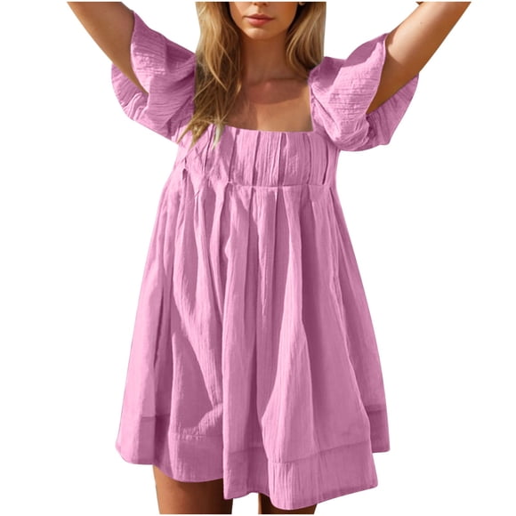 Hinvhai Women Puff Sleeve Mini Dress Clearance, Square Neck Short Dress Tie Back Flowy Mini Dress Summer Vacation Dress Pink S(S)