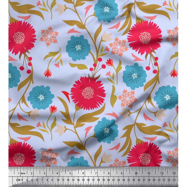 Soimoi polyester Crepe Fabric Leaves & Floral Artistic Decor Fabric Printed Yard 52 Inch Wide