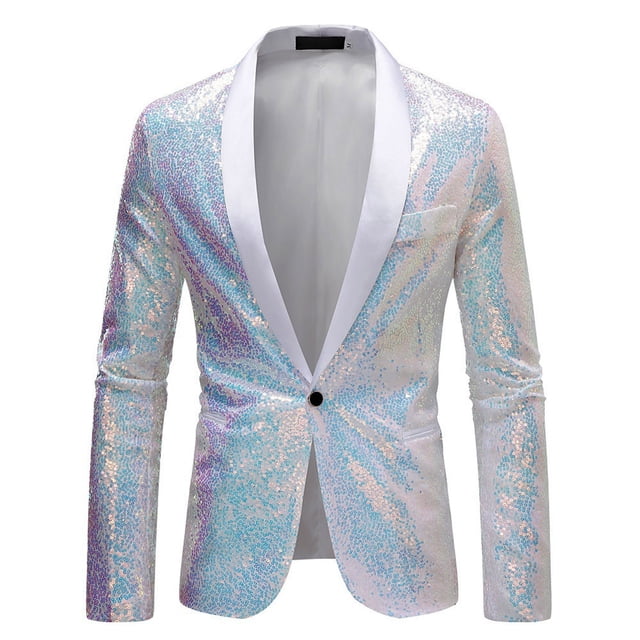 White Mens Sequin Bling Glitter Basic Jacket Blazer Outfit for Man Work Office Formal Prom Party Gowns Evening Modest Concert Fall Winter Button 2025 Clothing Fashion M