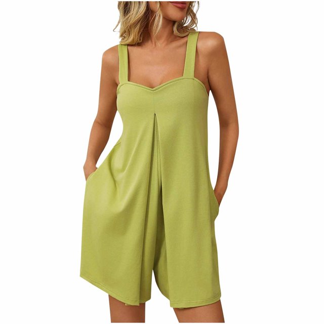 Yanlir 2025 Spring Summer Rompers for Women's Fashion Solid Round Neck Overalls Elastic Strap Sleeveless Pockets Short Jumpsuit(Green#1,M)