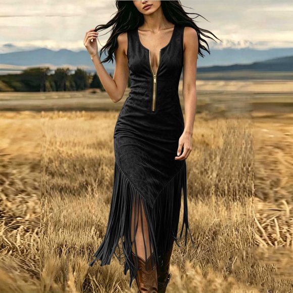 Lovzfmll Women Round Neck Sleeveless Bodycon Midi Dress, Faux Texture Fringe Hem Front Zipper Dress Black, 2XL