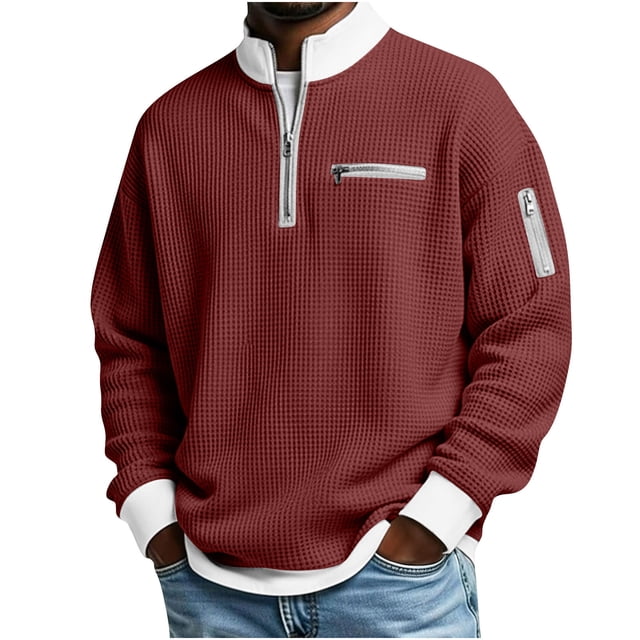 Ceisia Mens Long Sleeve Quarter Zip Pullover Sweater Waffle Knit Mock Neck with Pockets Wine L Gift