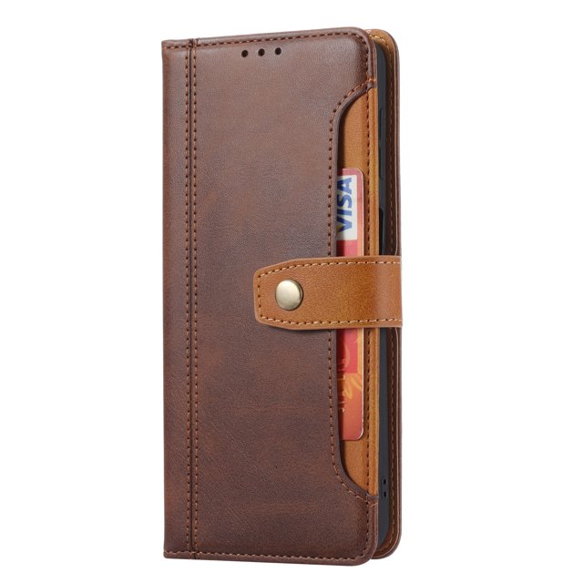 Samsung S22 Brown Calf Leather Card Protection Business Phone Case with a premium brown leather finish, snap-button closure, and integrated card slot. Designed for the Samsung S22, it features a raised frame for camera lens protection and is easy to clean, making it a stylish and practical accessory.