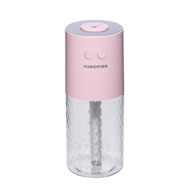 RKSTN Humidifiers for Bedroom Large Room Portable Car Humidifier featuring a compact design with a pink top and a clear textured water tank. This USB-powered ultrasonic humidifier includes dual buttons for operation and offers two spray modes: continuous and intermittent. It features a 200ml water tank capacity, colorful LED night lights, and ultra-quiet operation, making it suitable for bedrooms, nurseries, offices, and cars. Designed for year-round use, it helps alleviate dry skin, congestion, and allergies while providing a soothing environment.