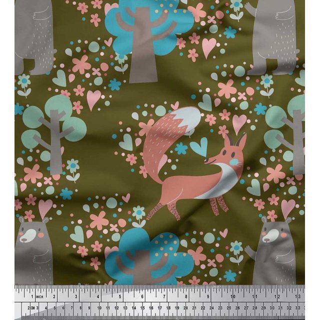 Soimoi Velvet Fabric Tree,Fox & Bear Kids Printed Fabric 1 Yard 58 Inch Wide