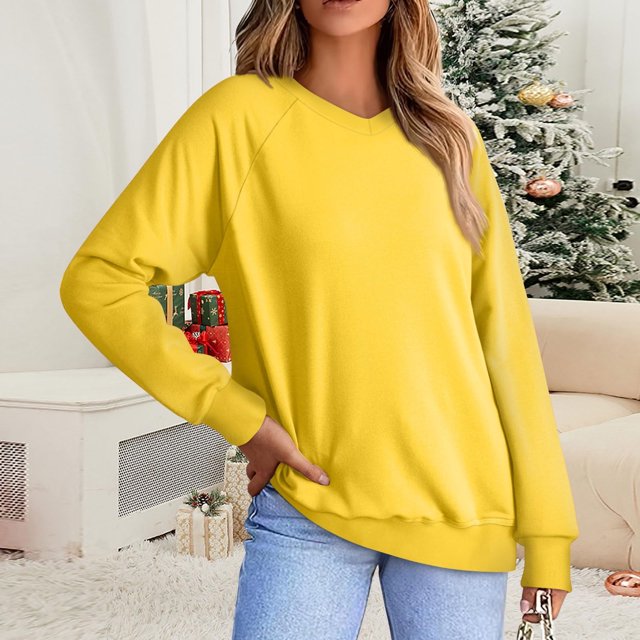 Meichang Chemise à Manches Longues pour Femmes Col en V Raglan Chandail Basique Ample Mode Printemps 2025