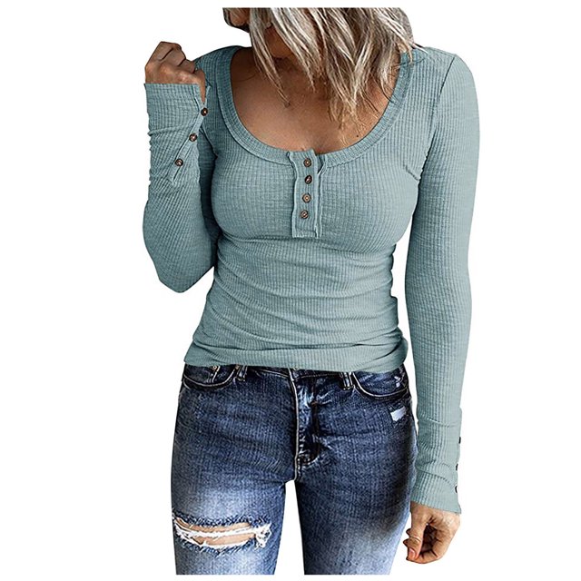 AherBiu Hauts à Manches Longues pour Femmes, Côtelés, Extensibles, Ajustés, Col Rond, Couche de Base, T-Shirts, Tunique, Chemisier