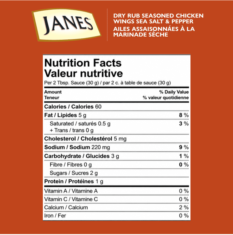Ailes de poulet ultimes Janes® assaisonnées à la marinade sèche sel de mer et poivre, 754 g, ailes de poulet congelées. Contient : Viande blanche. Janes® Ultimates Ailes de poulet assaisonnées à sec au sel de mer et au poivre